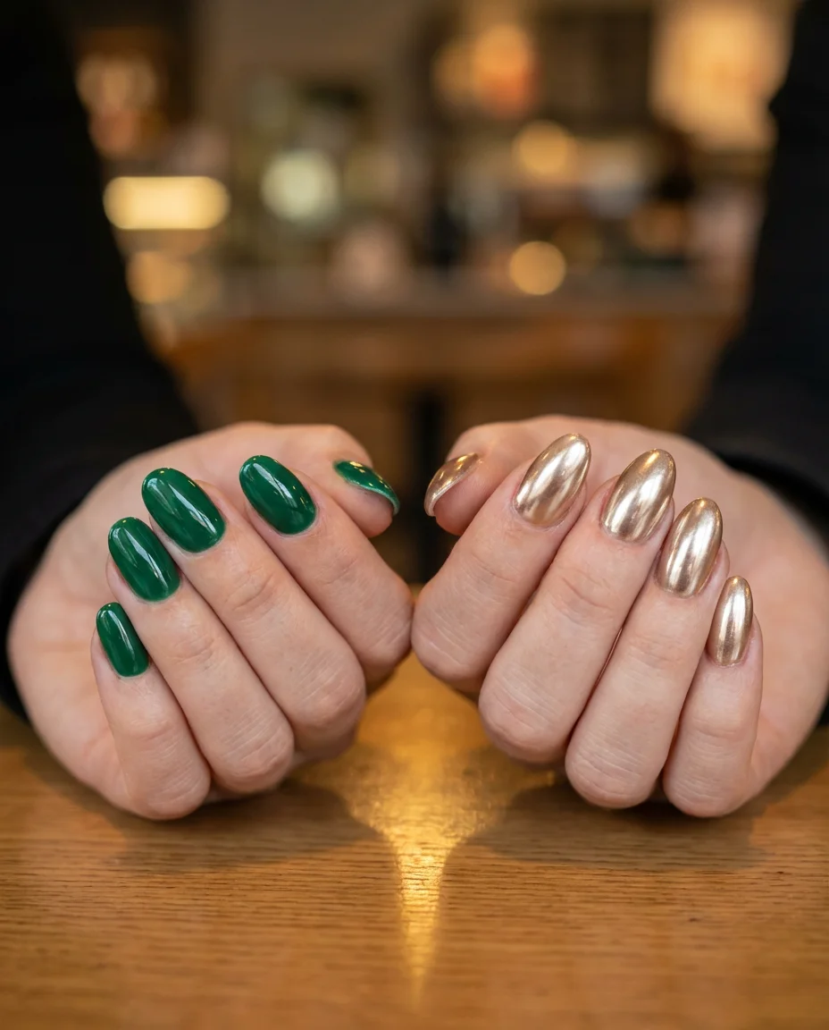 Chrome and gold leaf pedicure on deep sage base